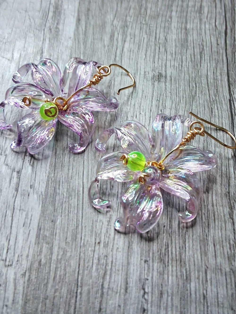 Iridescent Lavender Lily Flower Earrings with Gold Hooks